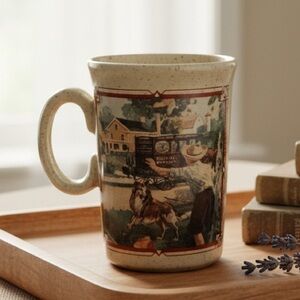 Watkins 1916 Almanac stoneware coffee mug With Rustic Scene of Boy with Dog